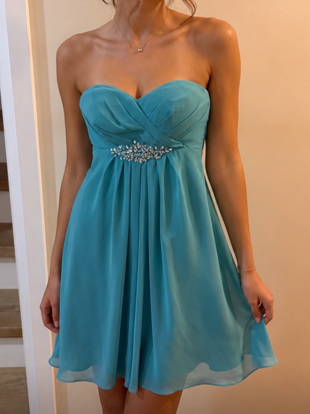 Bill Levkoff Aqua Strapless Chiffon Dress with Rhinestone Waist [Size 4]